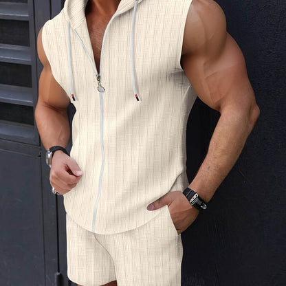 Men's Casual Sleeveless Hooded Sweater Set - Summer Beach Sports Outfit - Buy Center US