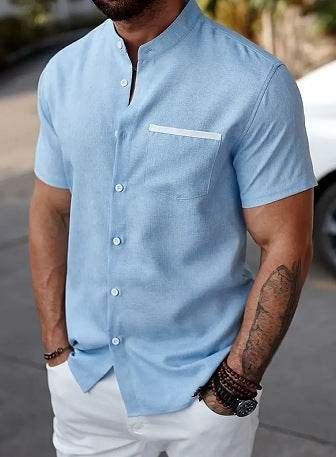 Men's Linen Contrast Color Short Sleeve Shirt - Casual Fit, Multiple Colors - Buy Center US
