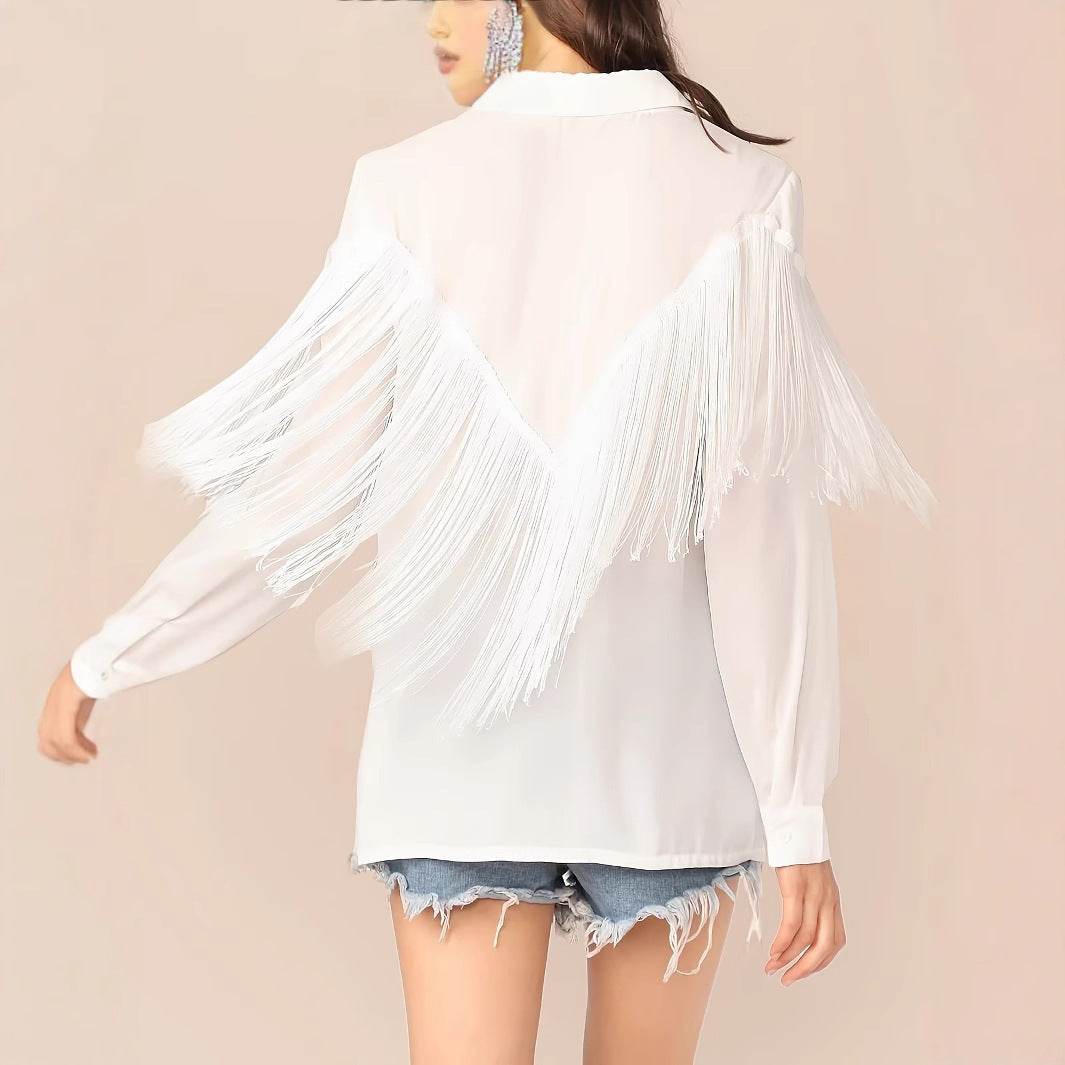 Women's Long Sleeved Tassel Shirt - Elegant Loose Casual Top - Buy Center US