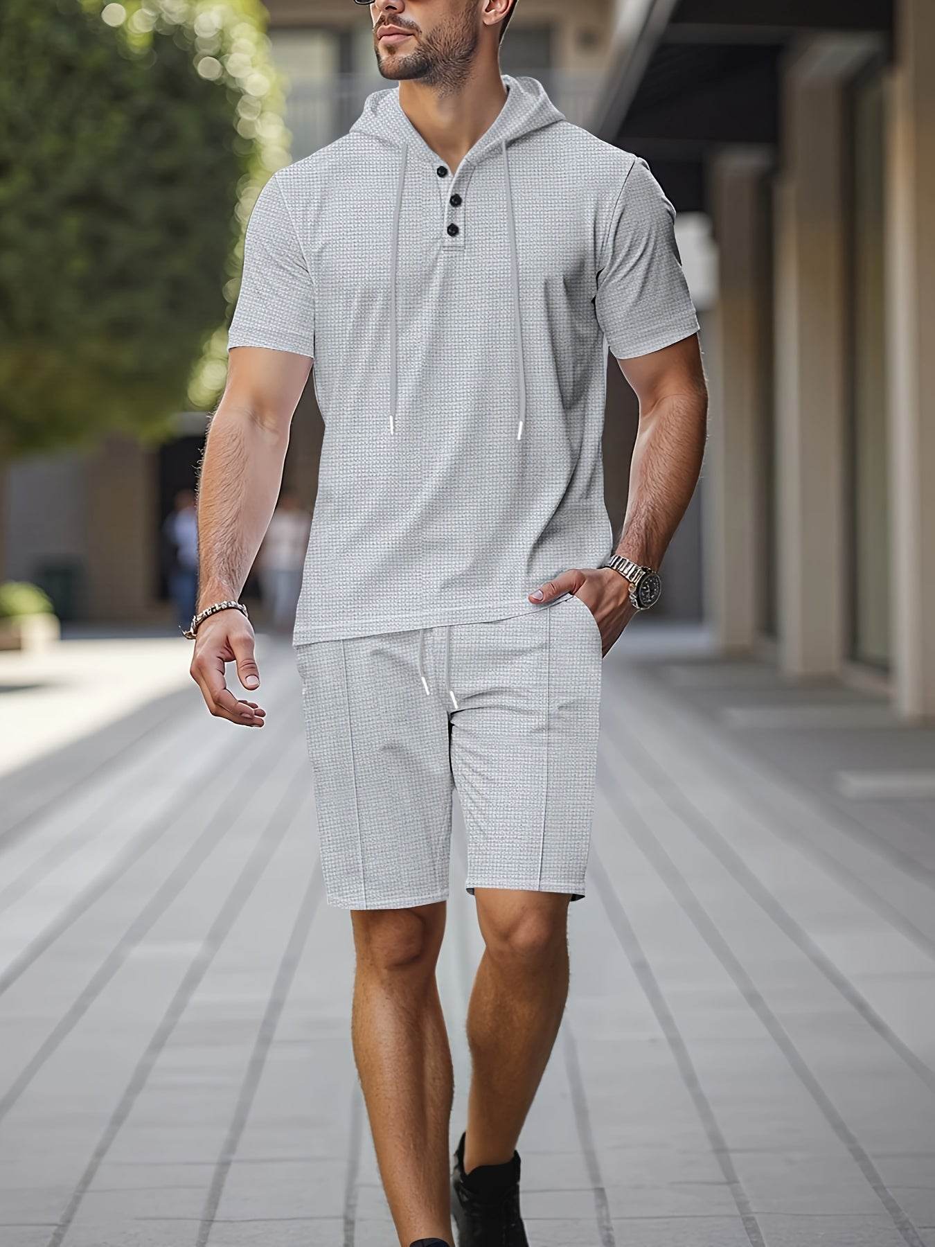 Men's Summer 2PC Set - Short Sleeve Hooded Sweatshirt & Shorts - Buy Center US