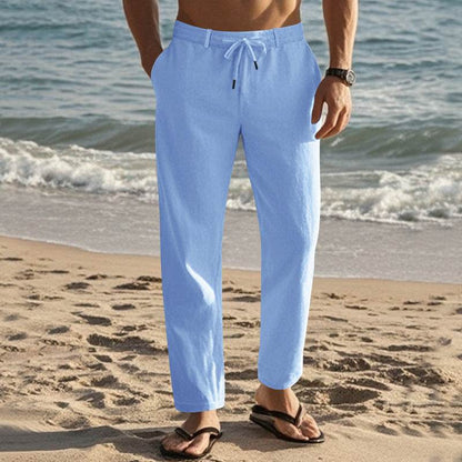 Men's Casual Solid Color Cotton Linen Trousers - Drawstring & Straight-Leg - Buy Center US