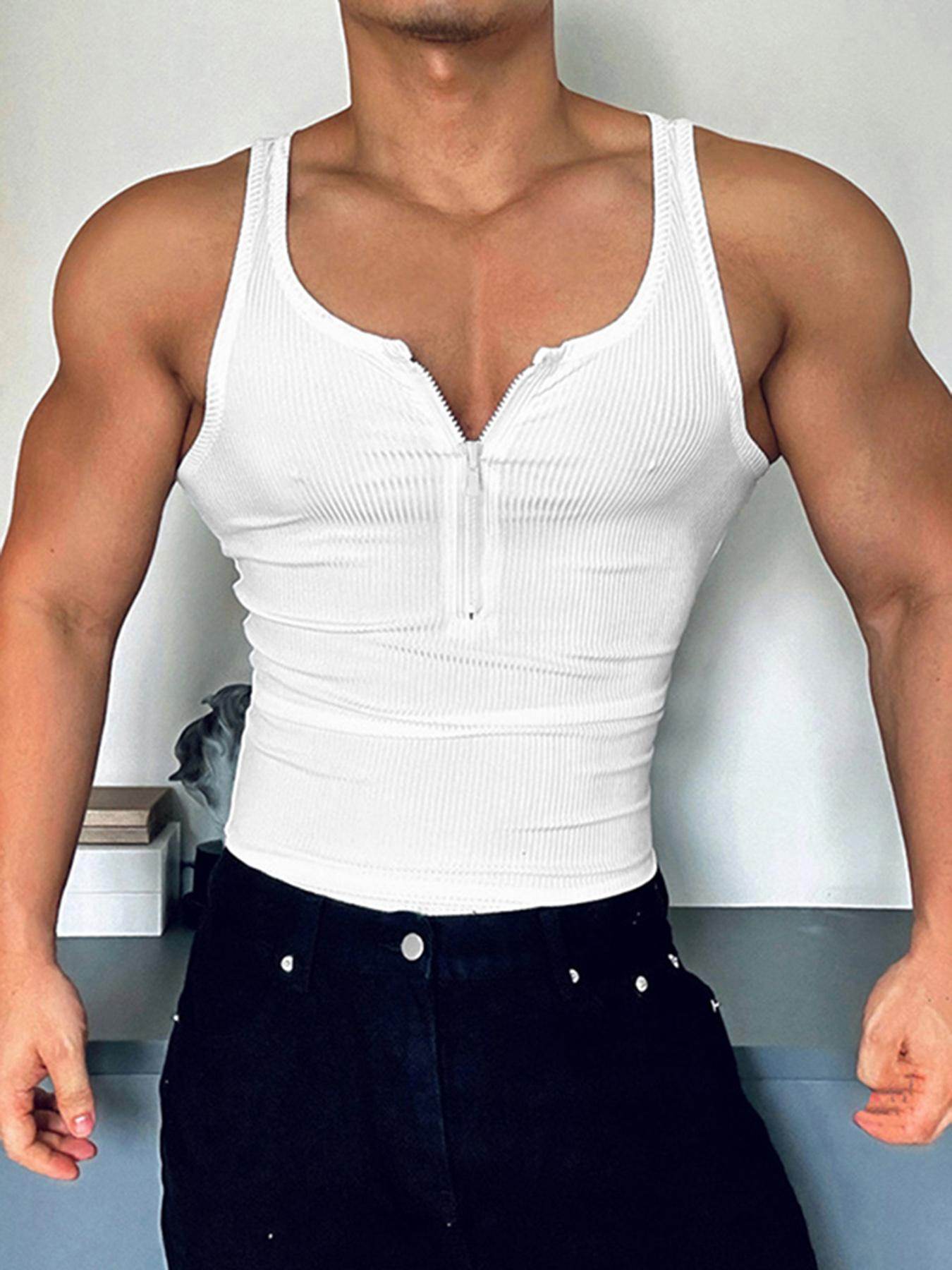 Men's Slim Fit Zip-Up Tank Top - Casual White Vest with Ribbed Texture - Buy Center US