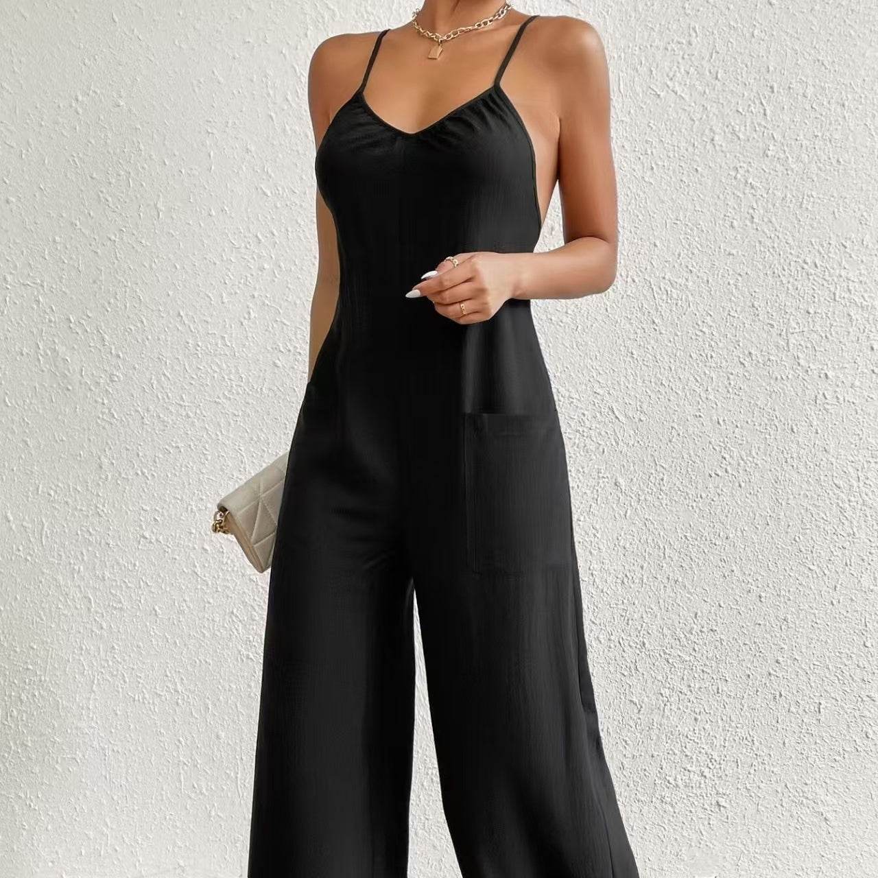 Ladies' Backless Wide Leg Jumpsuit - Casual Lightweight Summer Style - Buy Center US