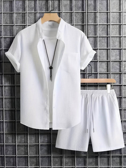 Men's Solid Color Jacquard Shirt & Drawstring Shorts Set - Casual Style - Buy Center US