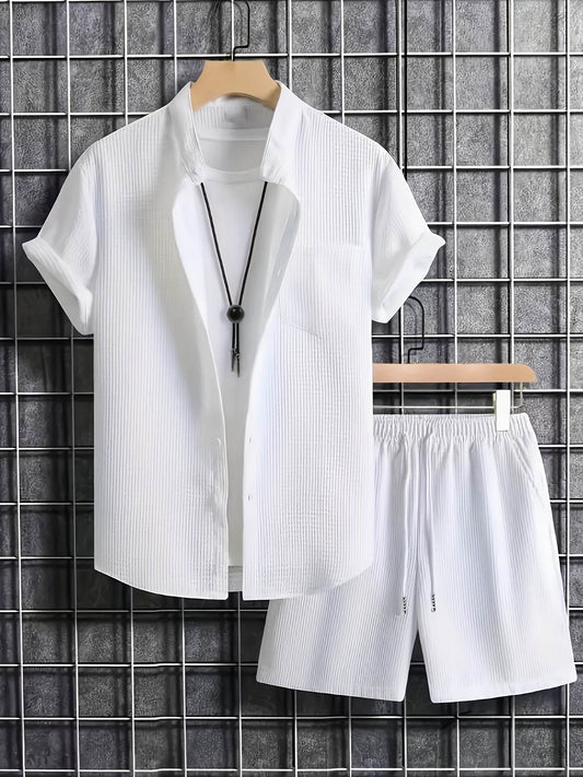 Men's Solid Color Jacquard Shirt & Drawstring Shorts Set - Casual Style - Buy Center US