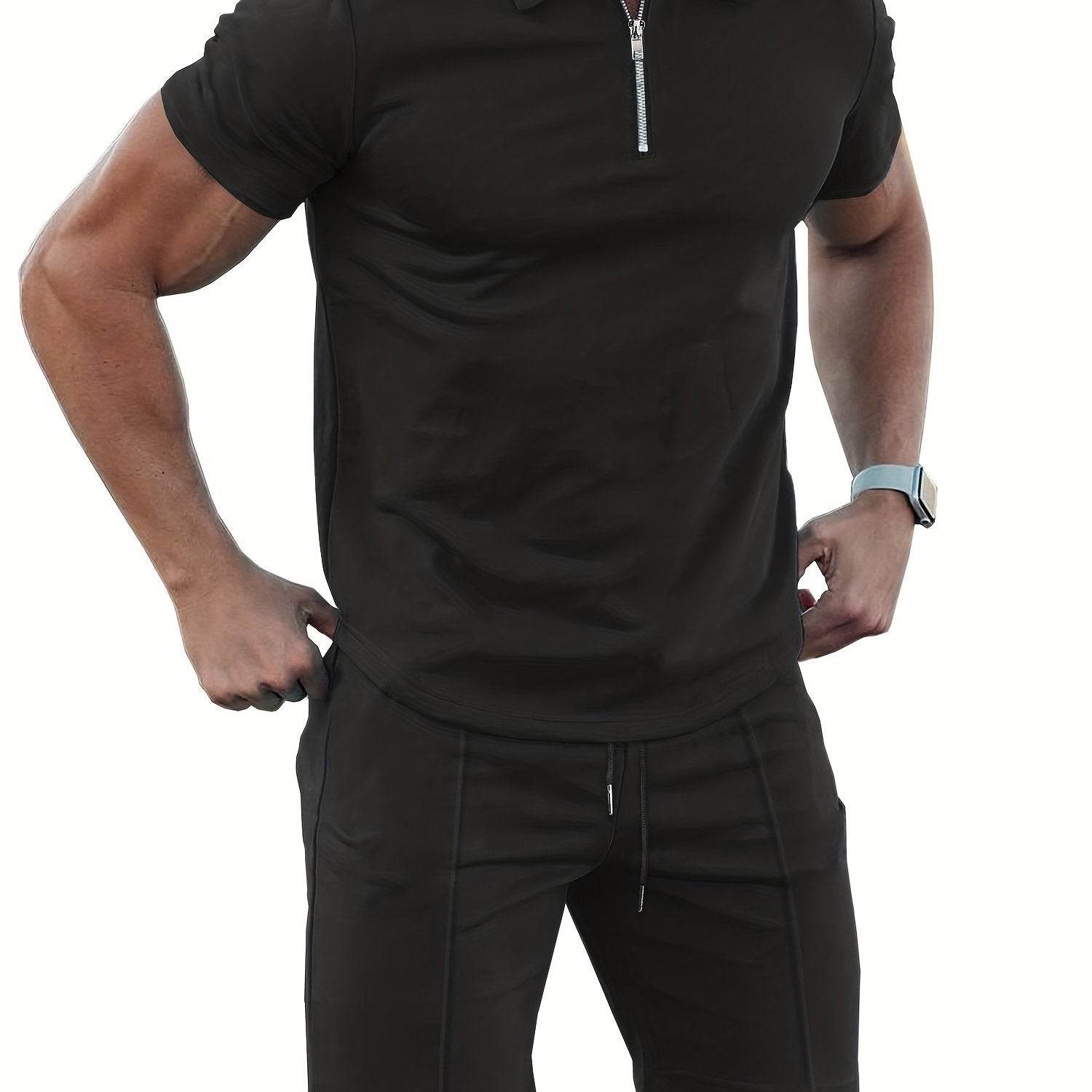Men's 2-Piece Solid Color Sports Suit - Zip-Up Shirt & Drawstring Shorts - Buy Center US