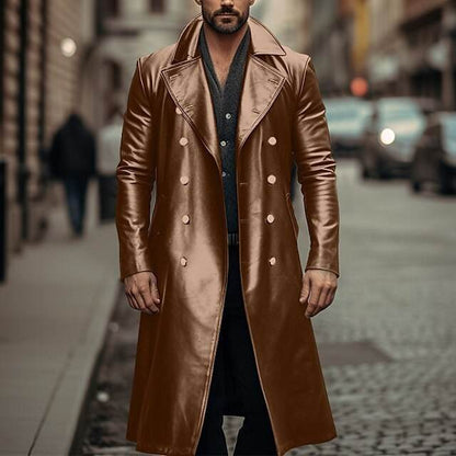 Buycenter Men's Double-Breasted Long Trench Coat - Leather Style & Sizes - Buy Center US