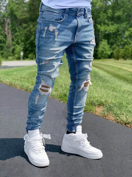 Men's Casual Ripped Jeans - Slim Fit Denim Pants for Everyday Style - Buy Center US