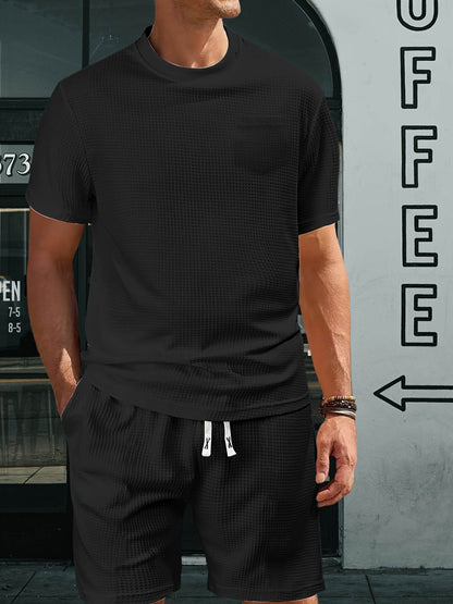 Casual Men's Sports Outfit - Waffle Henley T-Shirt & Stylish Beach Shorts - Buy Center US