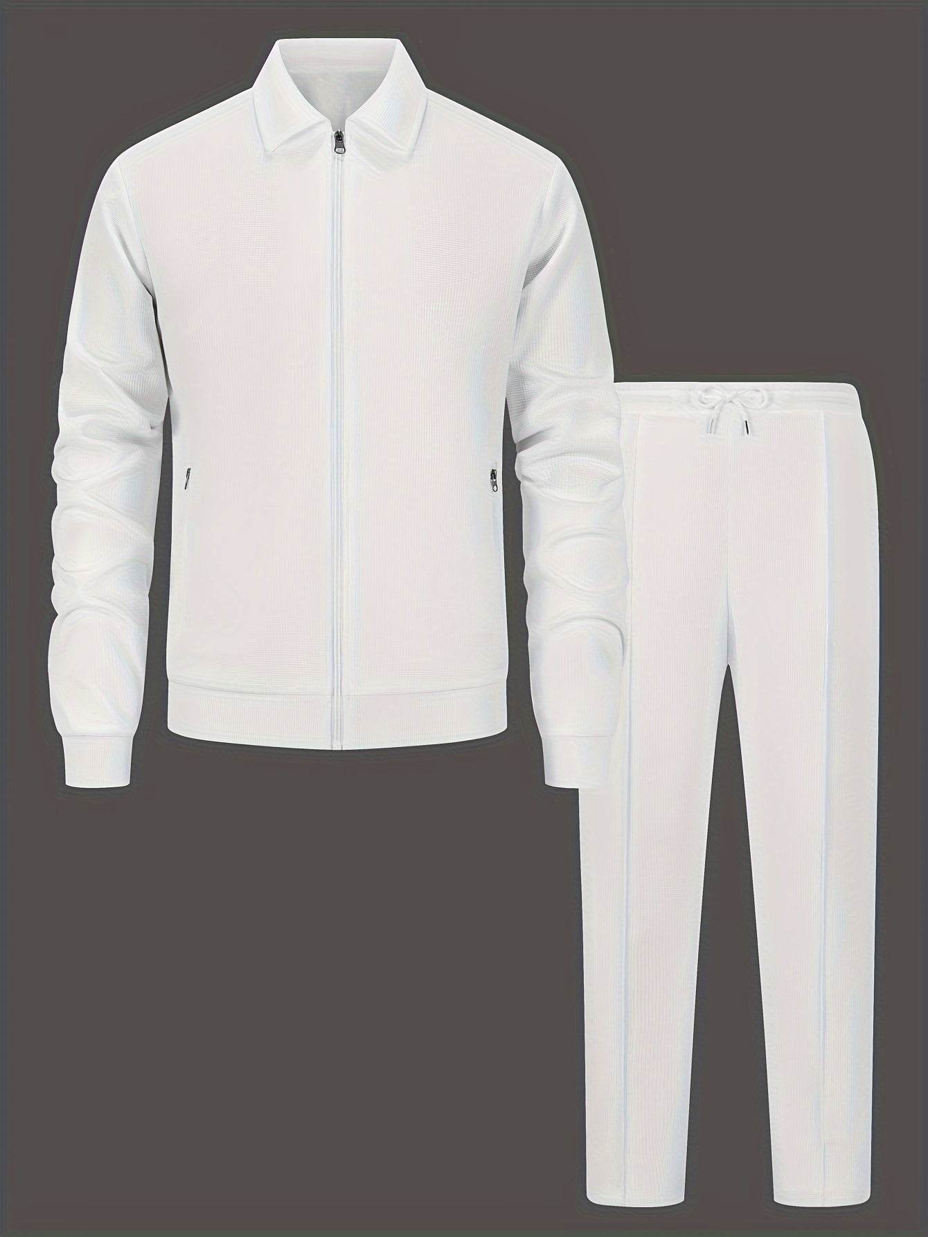Men's Solid Color Knitted Tracksuit Set - Long Sleeve Jacket & Pants - Buy Center US