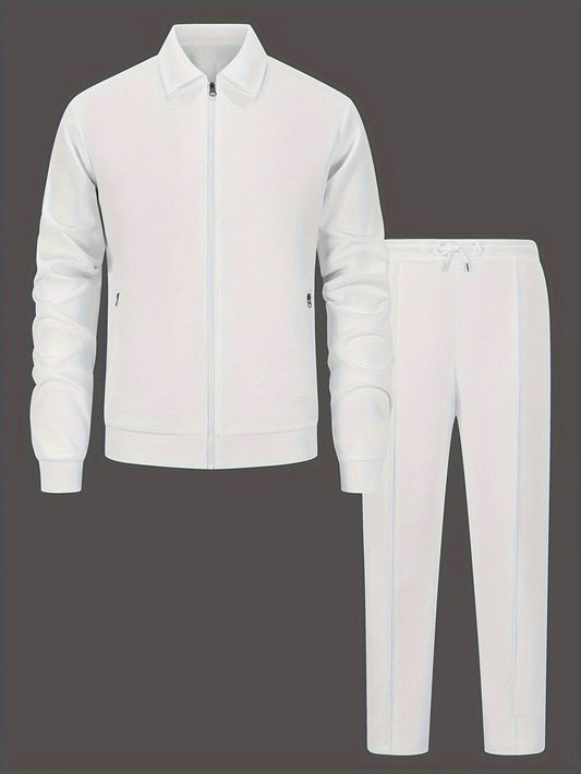 Men's Solid Color Knitted Tracksuit Set - Long Sleeve Jacket & Pants - Buy Center US