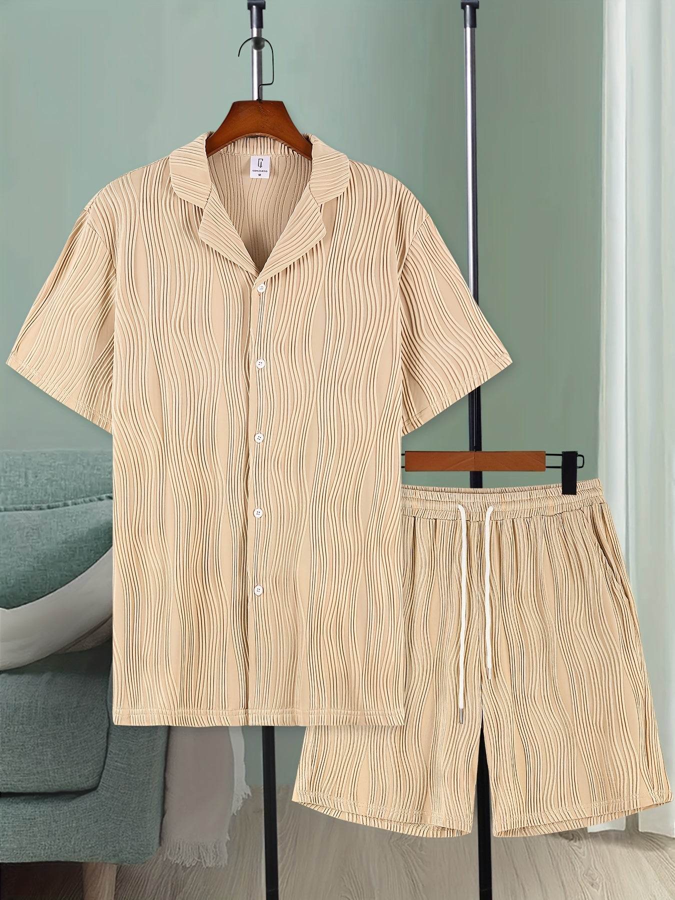 Men's Casual Short Sleeve Knitted Set - Lapel Button, Comfortable Fit - Buy Center US