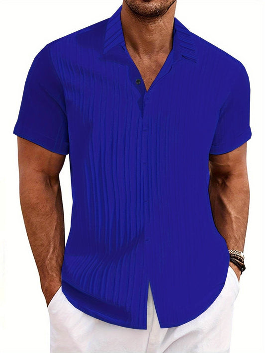 Men's Classic Blue Short Sleeve Shirt - Textured Polyester, Easy Care - Buy Center US