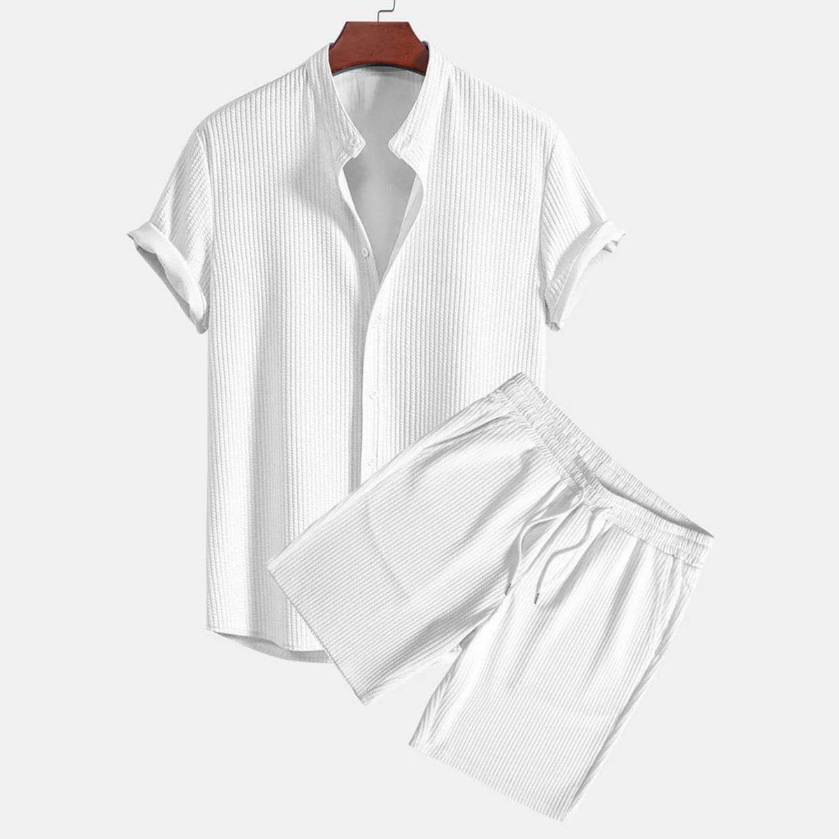 Buycenter Men's Casual Beachwear Set - Stripe Short Sleeve & Shorts - Buy Center US
