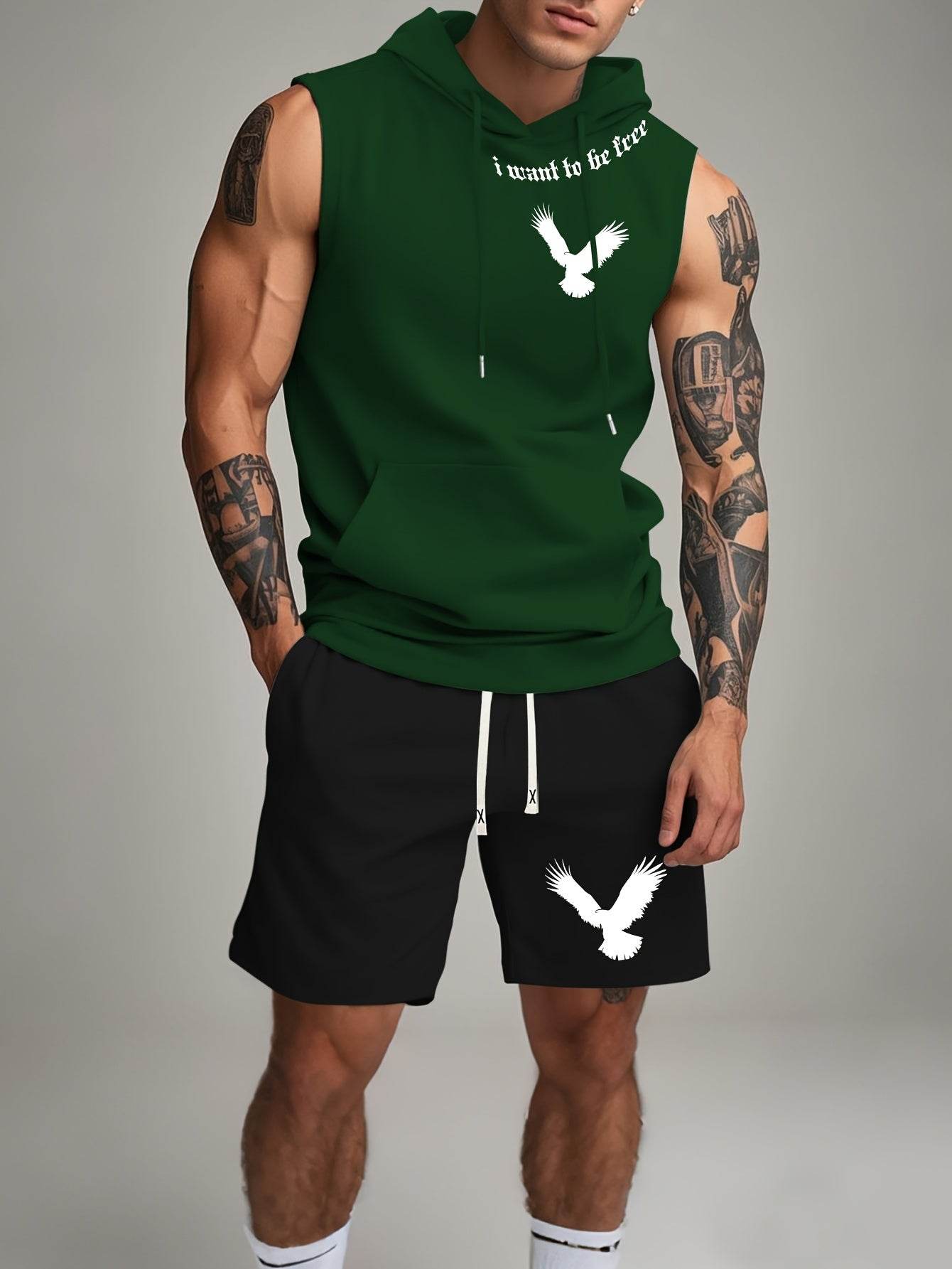 Black Sleeveless Hoodie & Shorts Set - White Bird Print, Casual Outdoor Wear - Buy Center US