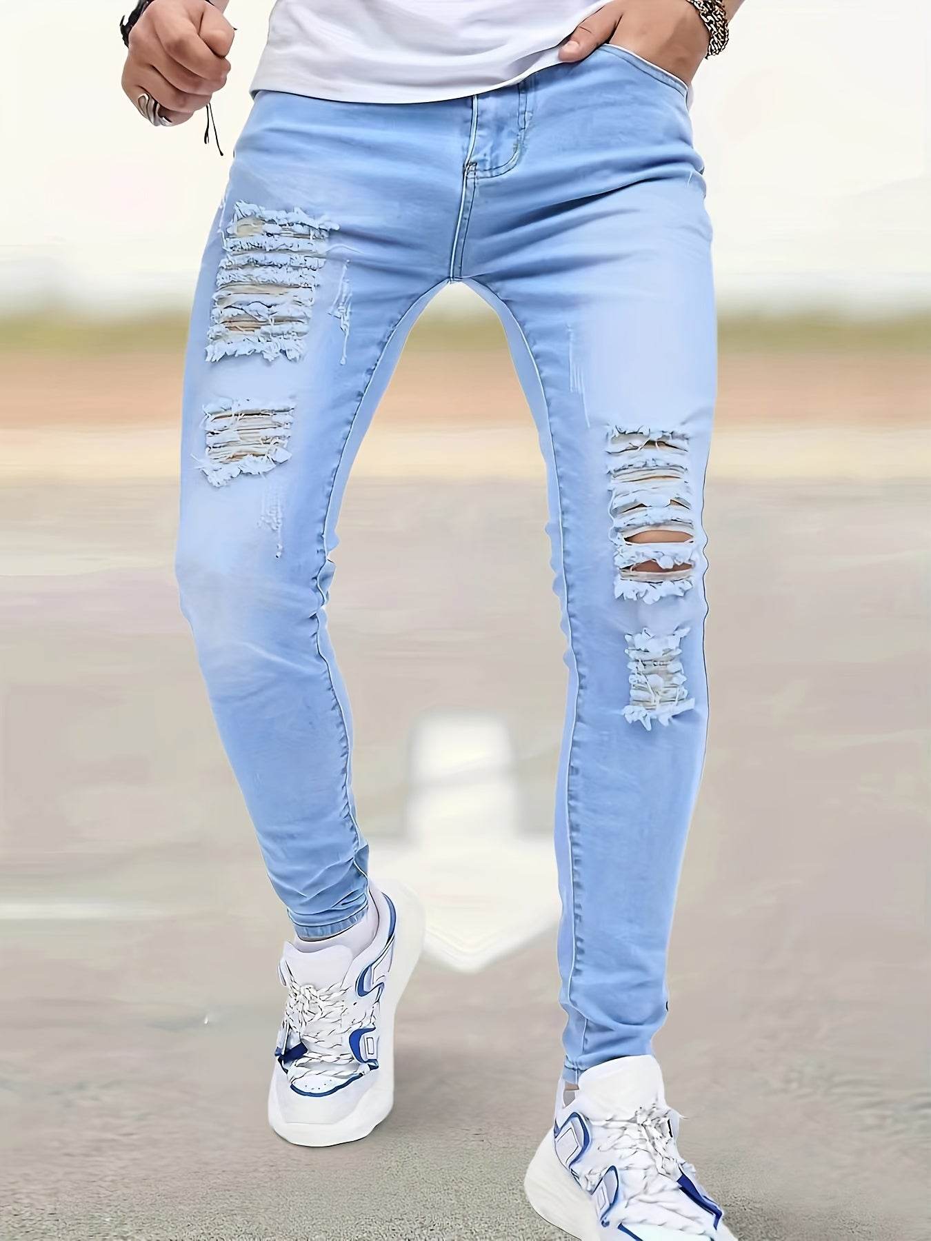 Men's Slim Fit Light Blue Washed Jeans - Stretch Denim for Spring/Fall - Buy Center US