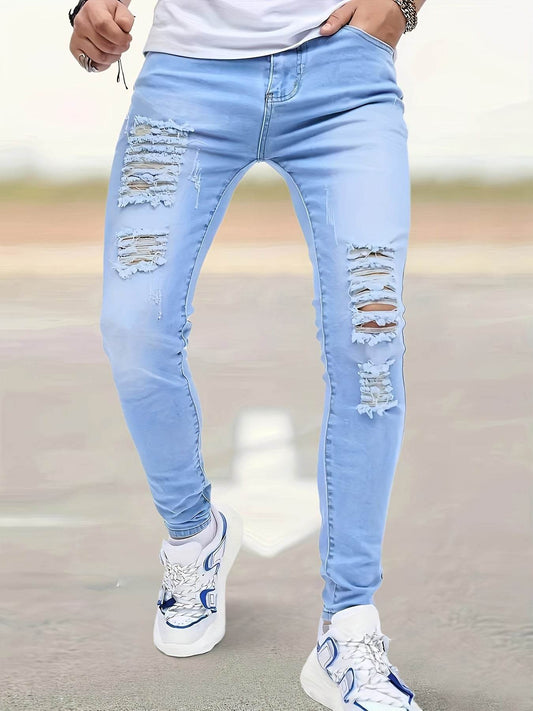 Men's Slim Fit Light Blue Washed Jeans - Stretch Denim for Spring/Fall - Buy Center US