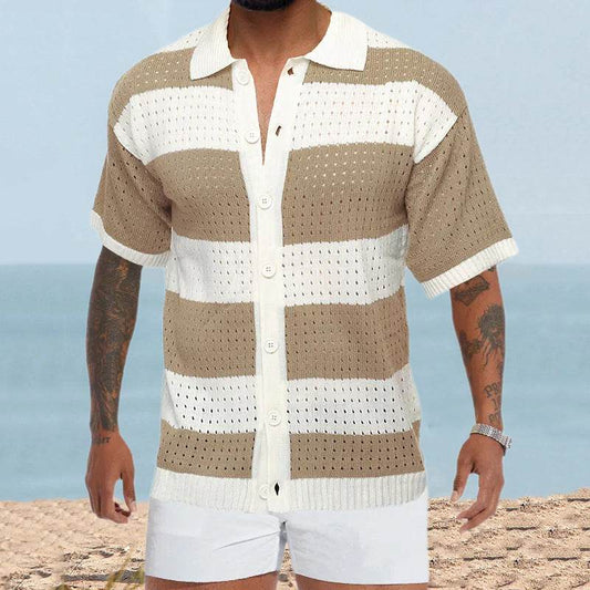 Men's Slim Fit Cardigan Polo - Short Sleeve Color Matching Knit Top - Buy Center US