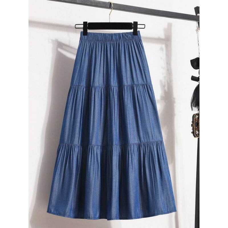 All-Match Ice Silk Denim Skirt for Women - Elastic Waist, A-Line Design - Buy Center US
