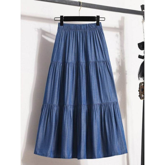All-Match Ice Silk Denim Skirt for Women - Elastic Waist, A-Line Design - Buy Center US
