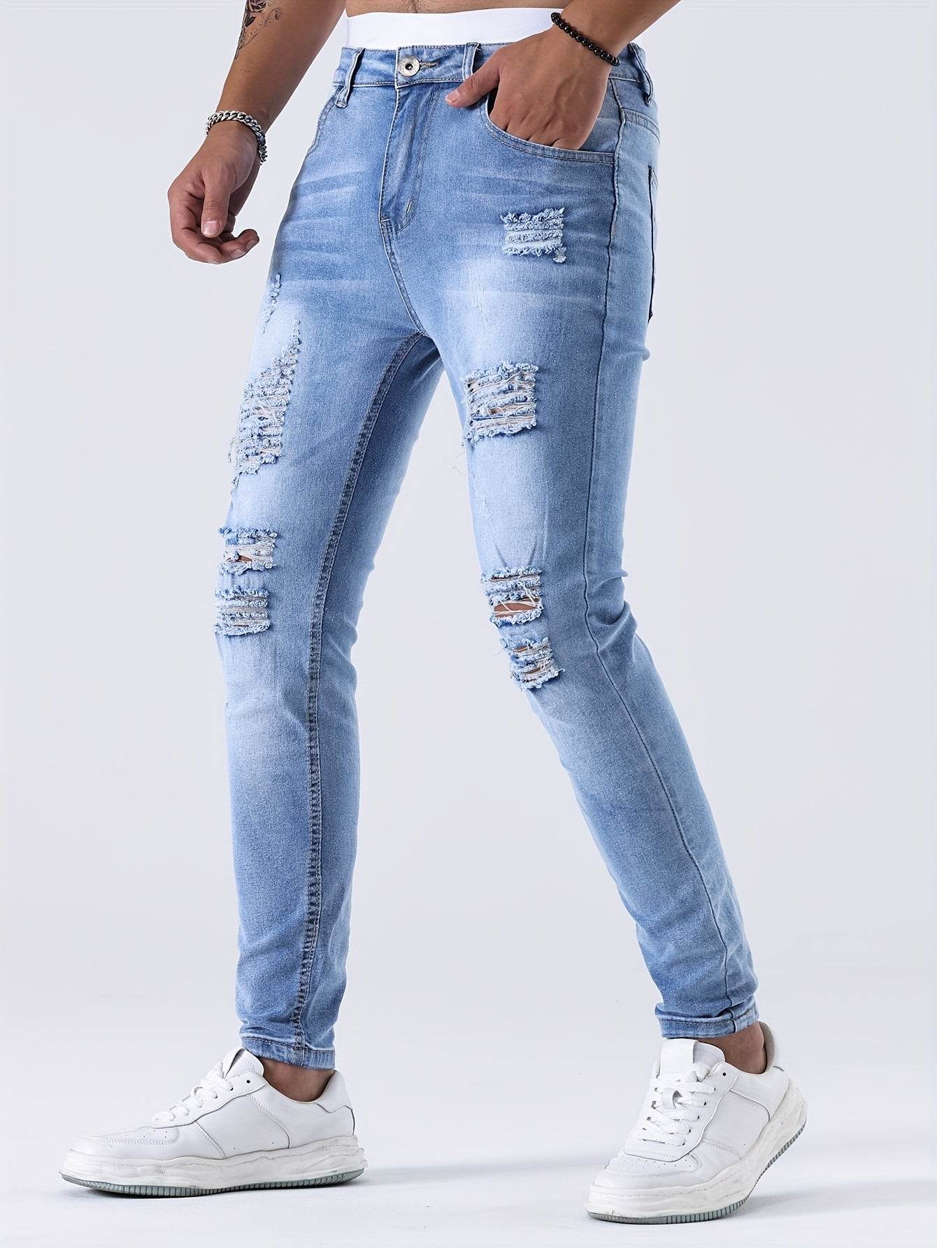 Men's Slim Fit Ripped Jeans - Distressed Medium Stretch Street Style - Buy Center US