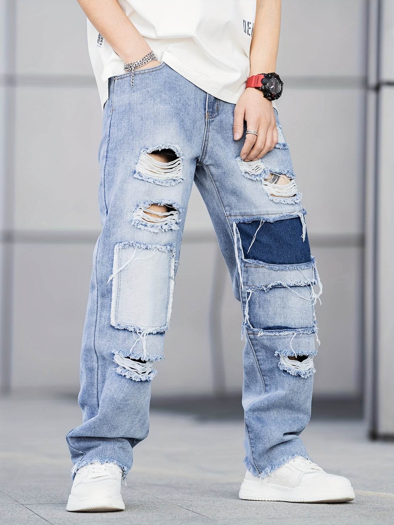 Durable Men's Casual Ripped Jeans - Loose Fit, All-Season Denim Wear - Buy Center US