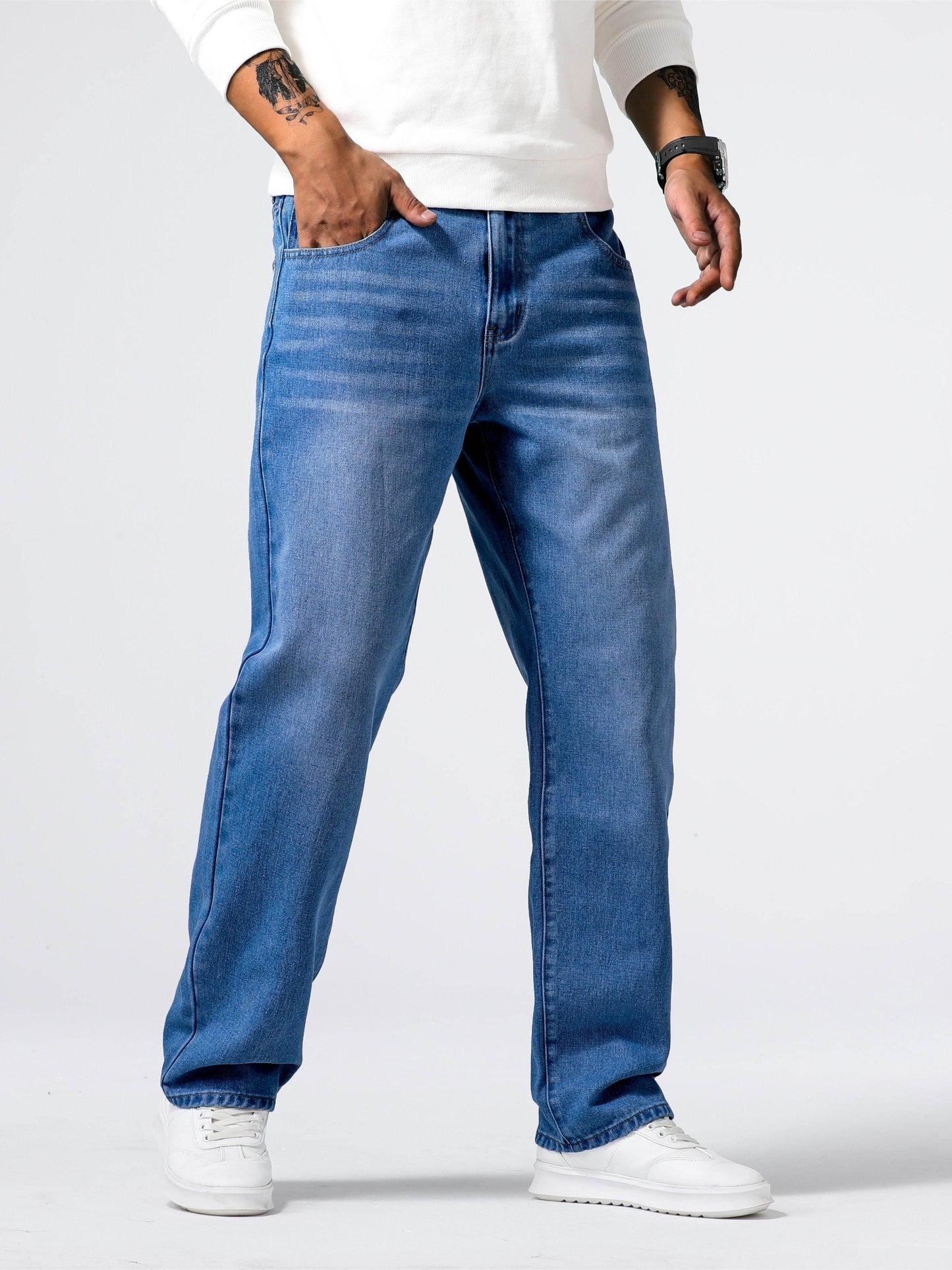 Men's Loose Fit Straight Leg Jeans - 85% Cotton Casual Denim Style - Buy Center US