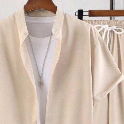 Buycenter Men's Short Sleeve Cardigan Suit - Casual Cotton Shirt & Pants - Buy Center US