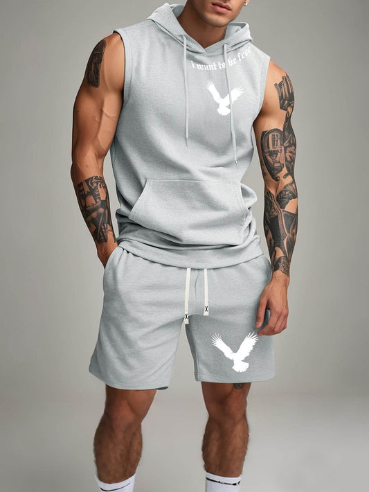 Black Sleeveless Hoodie & Shorts Set - White Bird Print, Casual Outdoor Wear - Buy Center US