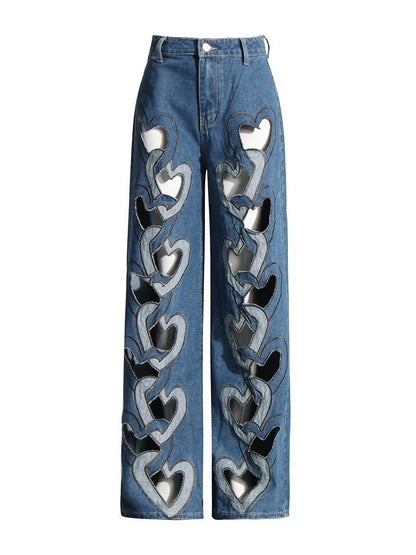 High Waist Hollow Heart Shape Wide Leg Jeans - Stylish Denim Trousers - Buy Center US