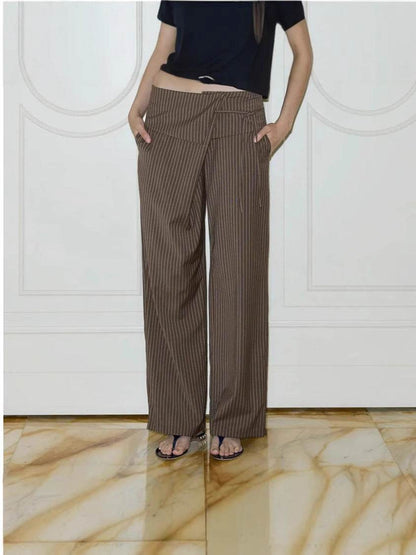 Women's Casual Striped Trousers - Loose Fit Lace Up Pants in Dark Brown - Buy Center US