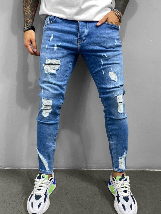 Men's Slim-Fit Denim Jeans - Ripped Knee, Casual Streetwear Style - Buy Center US