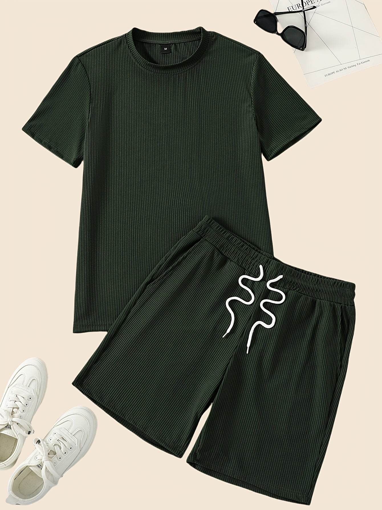 Men's Casual Two-Piece Set - Solid Color Short Sleeve Top & Drawstring Shorts - Buy Center US