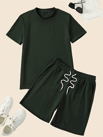 Men's Casual Two-Piece Set - Solid Color Short Sleeve Top & Drawstring Shorts - Buy Center US