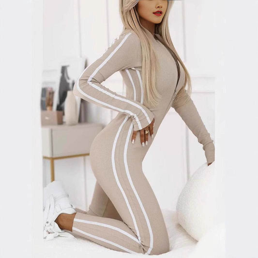 Stylish Women's Slim Striped Jumpsuit - Half Zipper, Autumn Winter Fashion - Buy Center US
