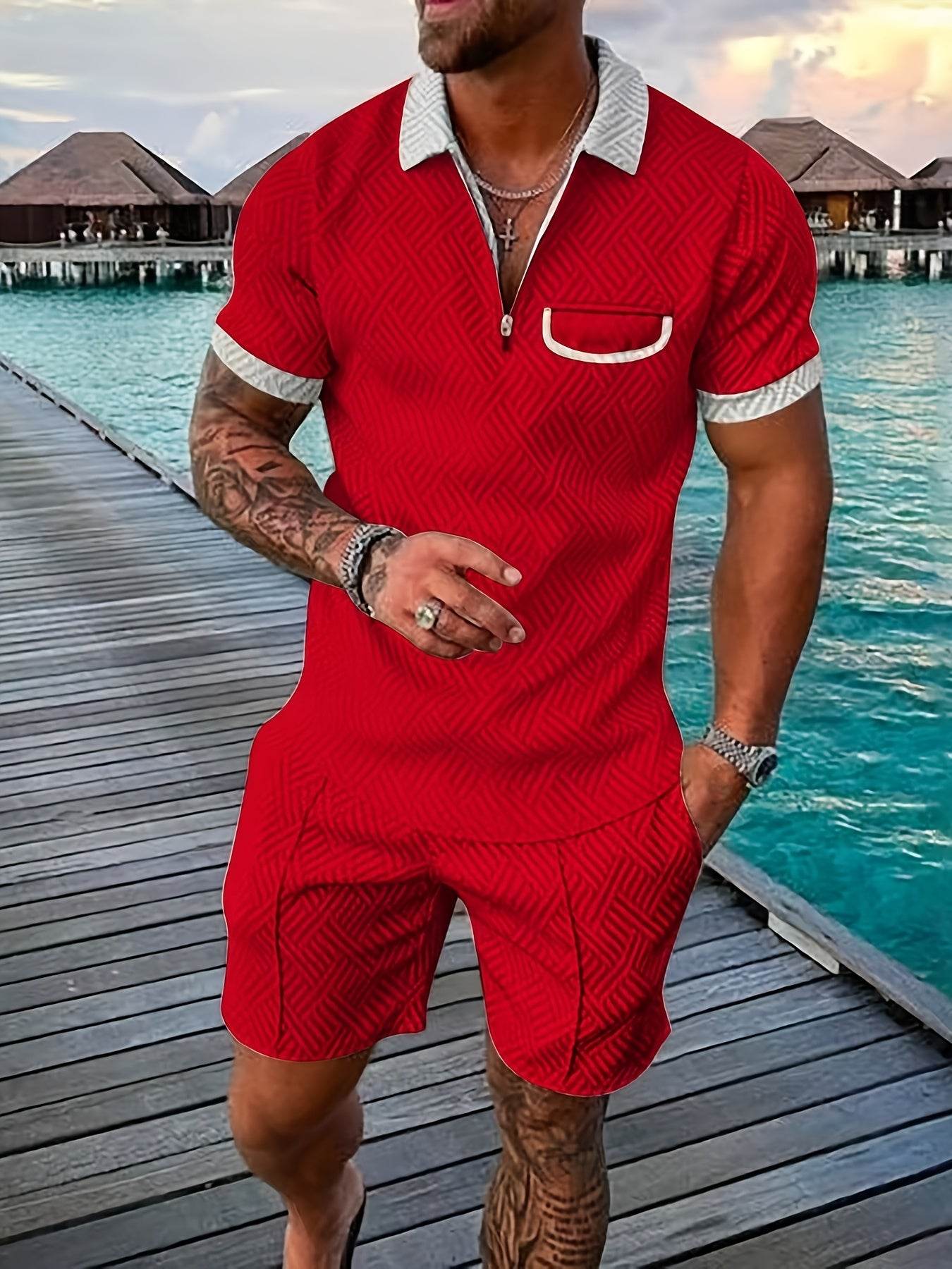 Men's Casual Knee-Length Kurta and Shorts Set - Breathable Polyester, Stylish - Buy Center US