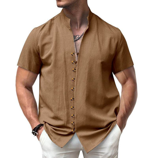 Buycenter Linen Button Stand Collar Shirt - Short Sleeve, Loose Fit - Buy Center US