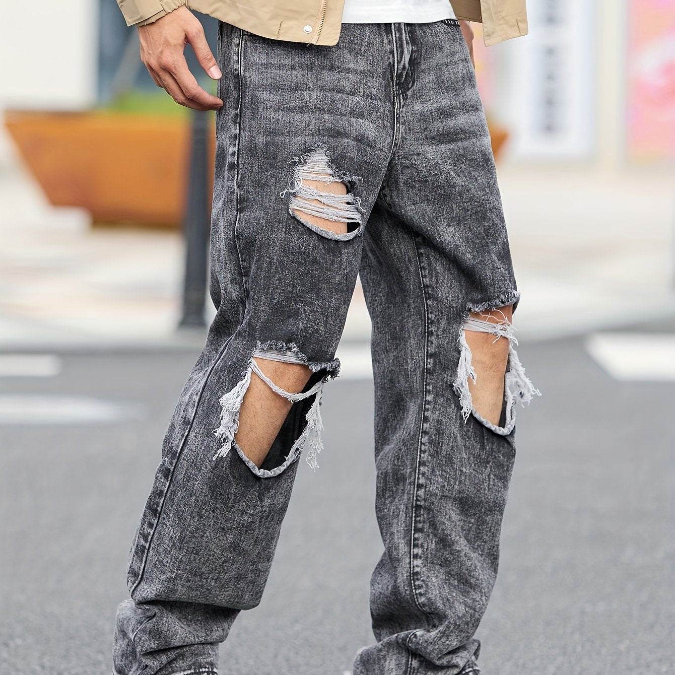 Men's Casual Wide-Leg Denim Jeans - Dark Grey Ripped Trousers, All-Season - Buy Center US