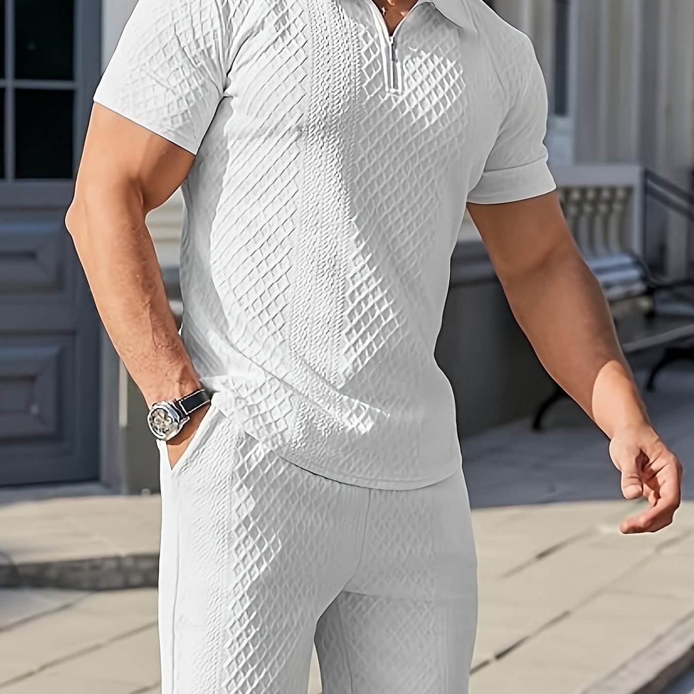 Men's Summer Jacquard Suit - Short Sleeve, Geometric Pattern, Regular Fit - Buy Center US