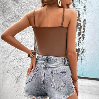 Women's Summer Tassel V-Neck Camisole - Stylish Solid Color Top - Buy Center US