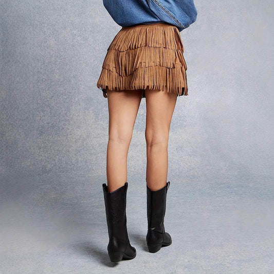 Women's High Waisted Tassel Short Skirt - Solid Color, Suede Look - Buy Center US