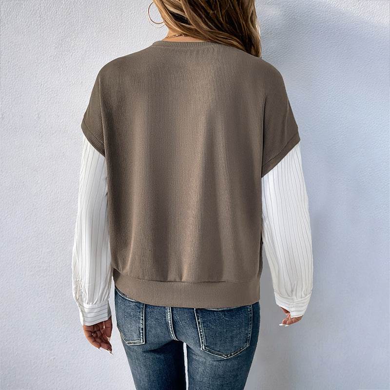Long Sleeve Color Matching Knitted Sweater - Stylish Two-Piece Look - Buy Center US