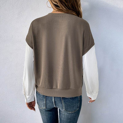 Long Sleeve Color Matching Knitted Sweater - Stylish Two-Piece Look - Buy Center US