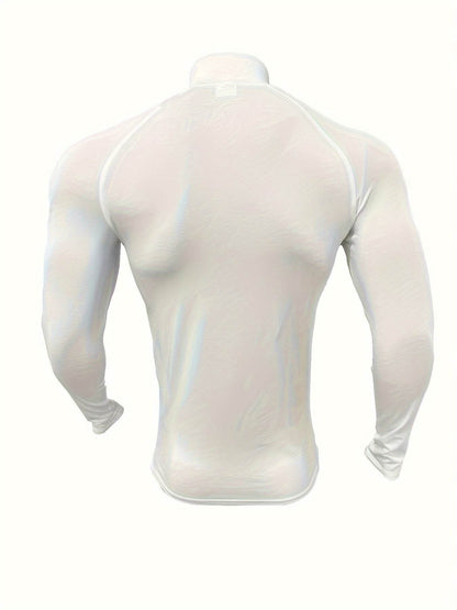 Men's White Sporty Zip-Up Shirt - Tight-Fit Stretch Fabric for Gym - Buy Center US