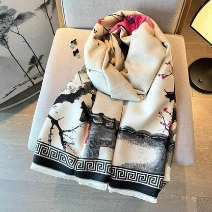 Chinese Aesthetic Ink Painting Shawl - Warm Cotton Scarf for Winter - Buy Center US