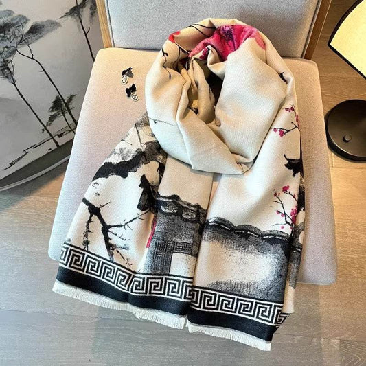 Chinese Aesthetic Ink Painting Shawl - Warm Cotton Scarf for Winter - Buy Center US