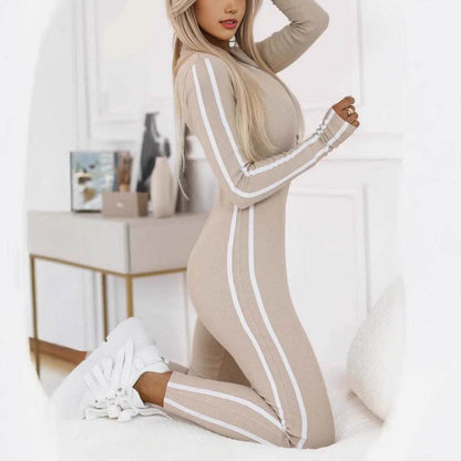Stylish Women's Slim Striped Jumpsuit - Half Zipper, Autumn Winter Fashion - Buy Center US