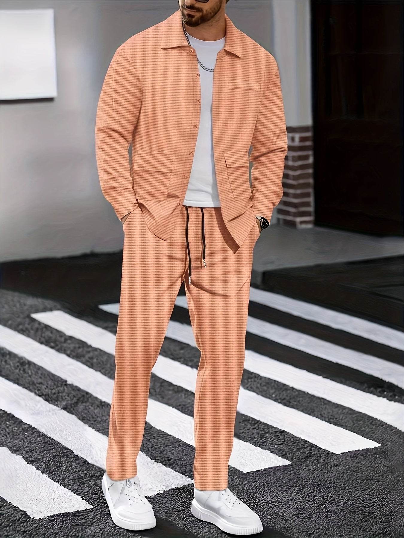 Men's Versatile Long-Sleeve Shirt & Jogger Set - 8 Shades for Every Occasion - Buy Center US