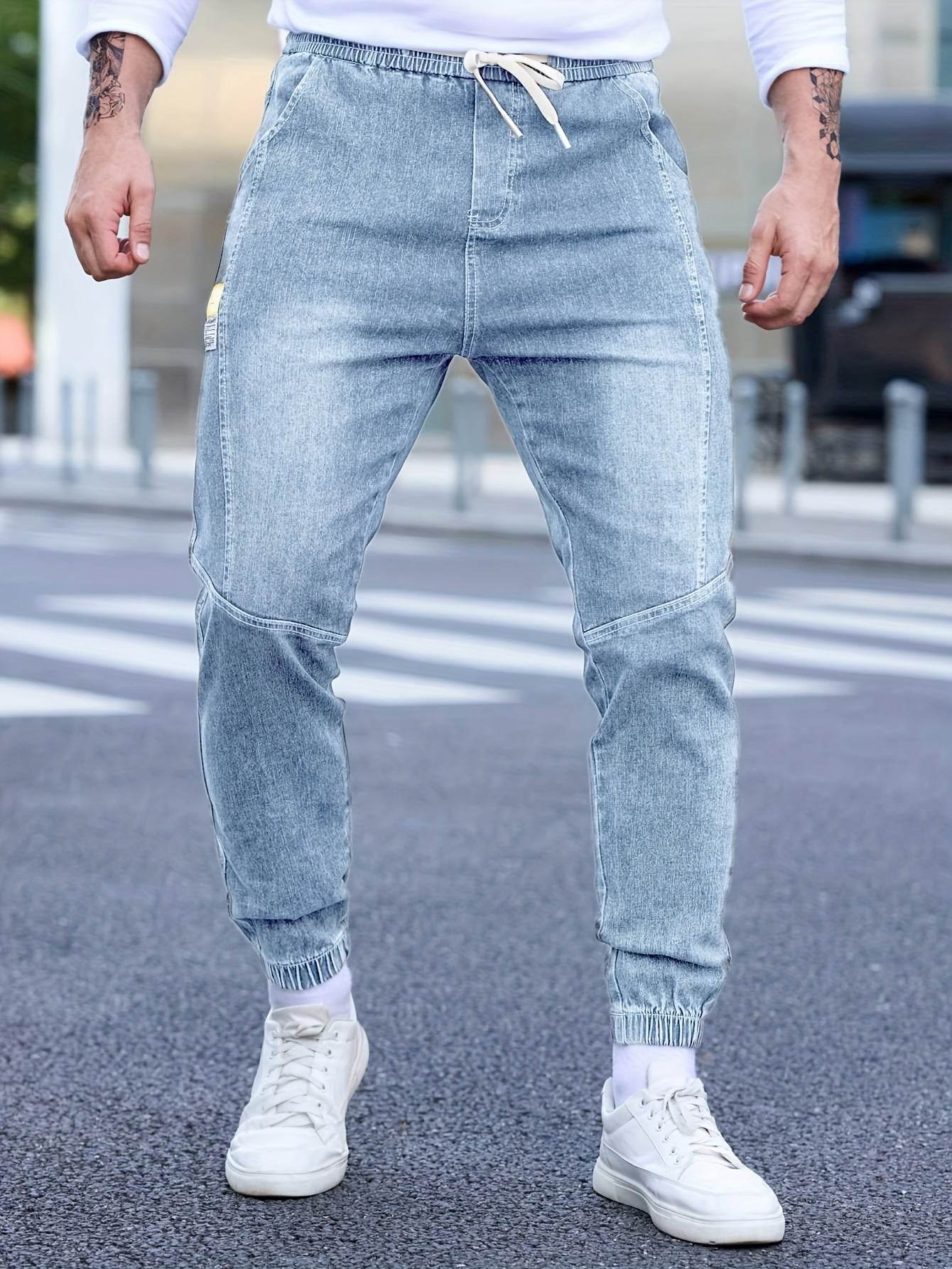 Men's Cropped Denim Pants with Pockets - Casual Drawstring Cotton Blend - Buy Center US