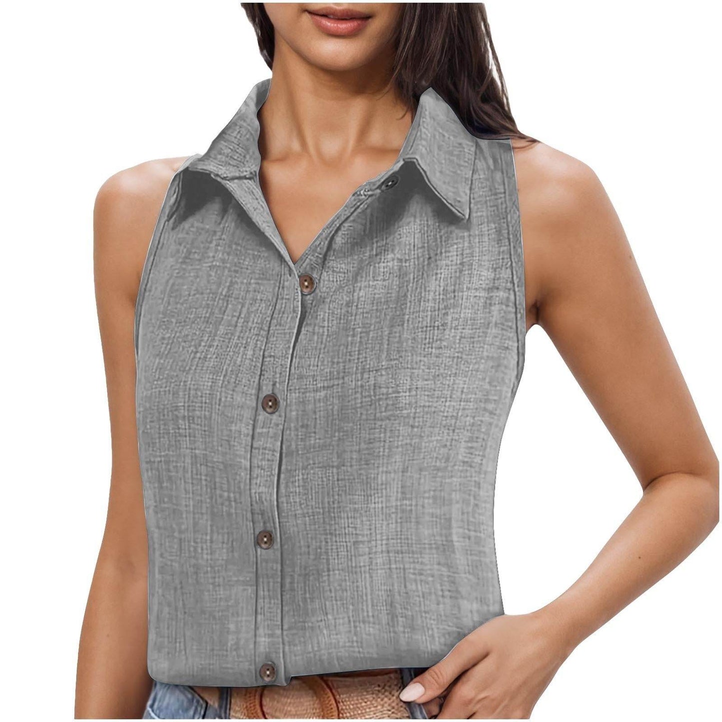 Women's Cotton Linen Button Shirt - Stylish Sleeveless Cardigan Top - Buy Center US